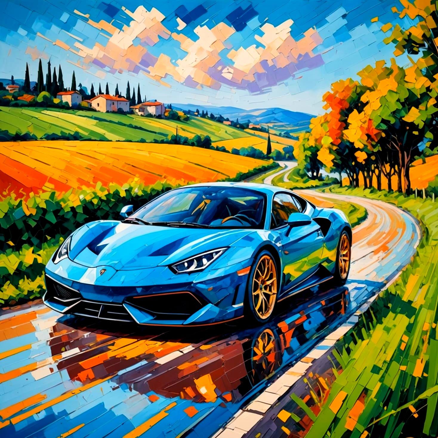 Italian Supercar Graffiti Art: Impressionist Country Road