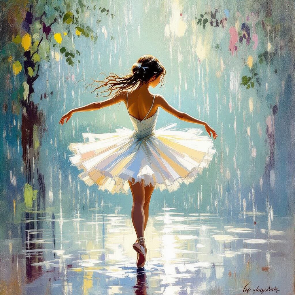 Ballerina Dancing in the Rain, Art Nouveau Style