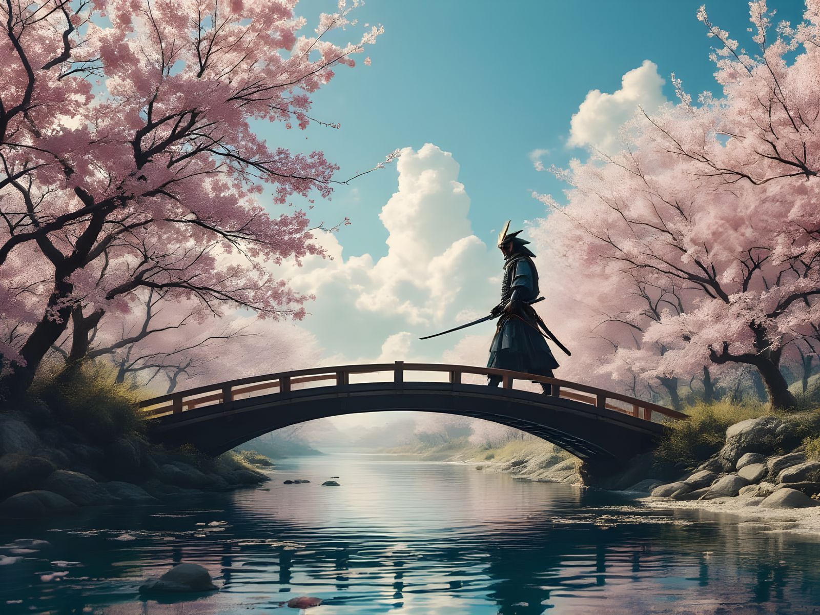 Samurai on Bridge with Cherry Blossoms