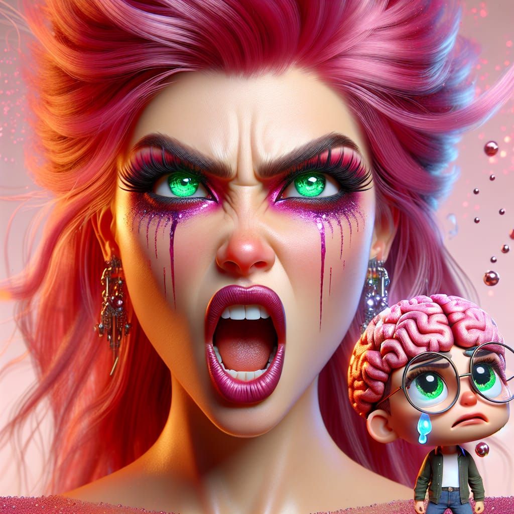 Furious Punk Woman with Crying Brain Character