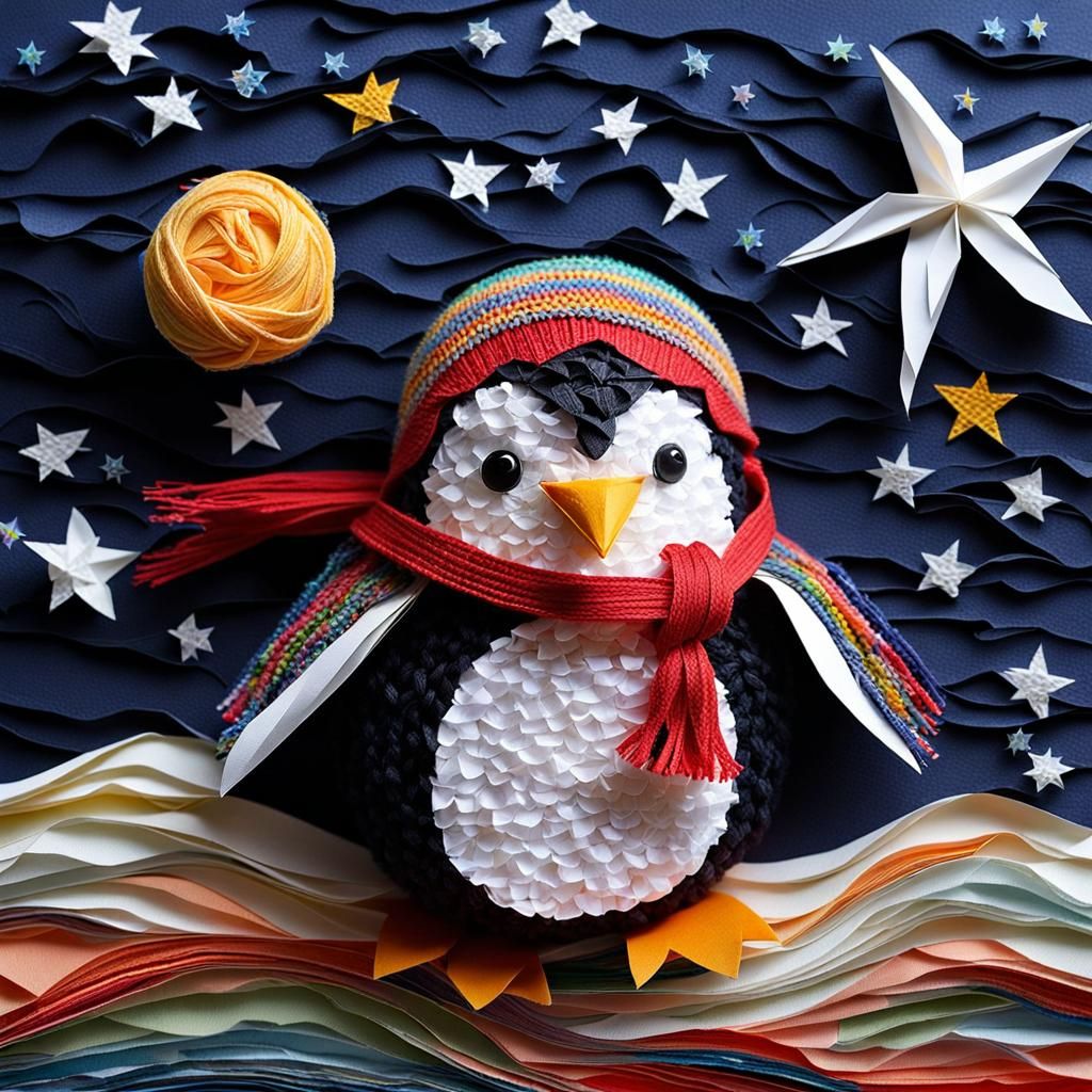 Ninja Penguin Recycled Paper Art: 3D Digital Illustration