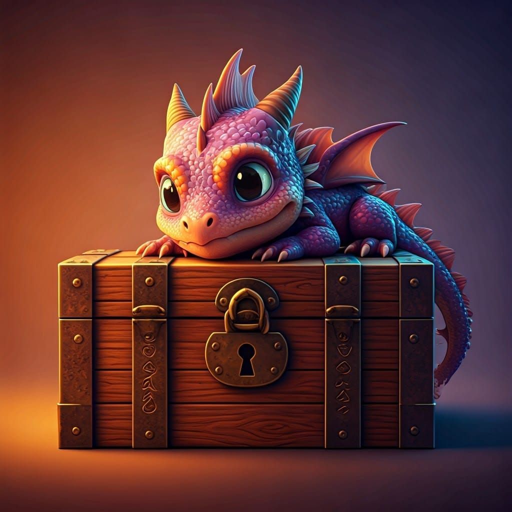Purple and Orange Baby Dragon on Treasure Chest