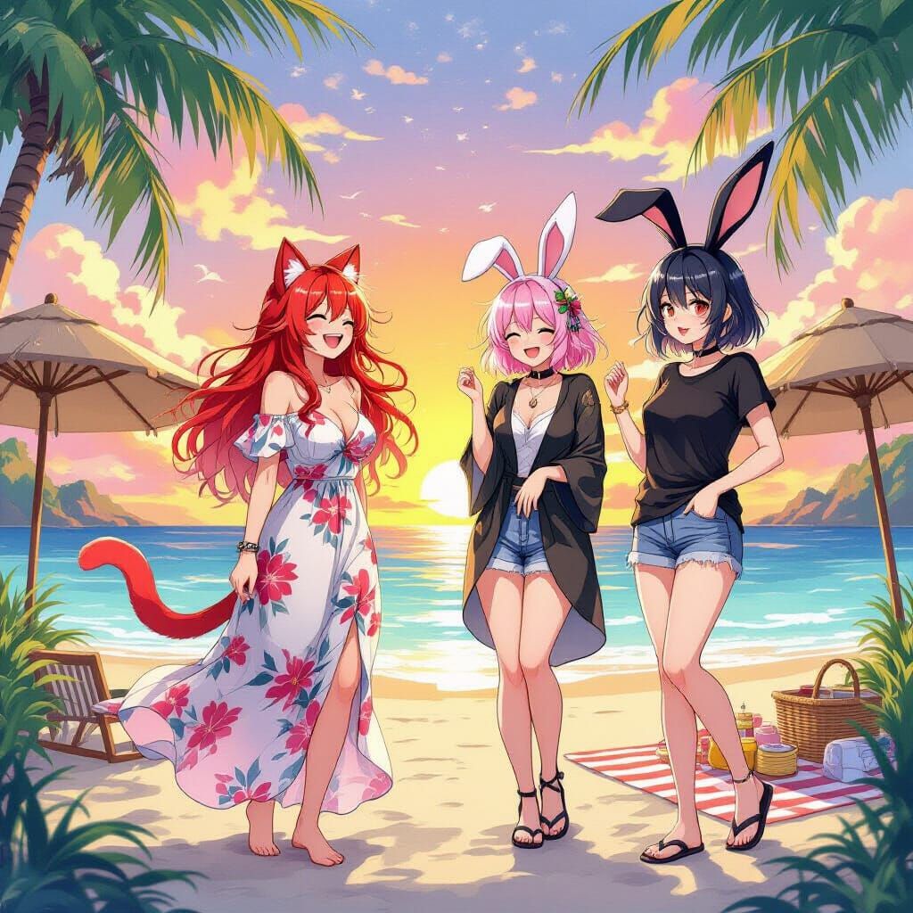 Tropical Beach Sunset with Three Playful Women