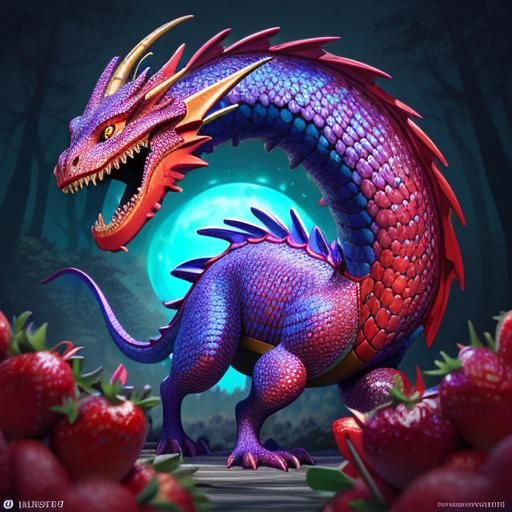 Dragon Eats Strawberry in Fantastical Forest Oil Painting