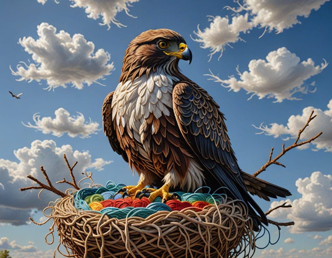 Embroidered Hawk on Yarn Nest with Puffy Clouds