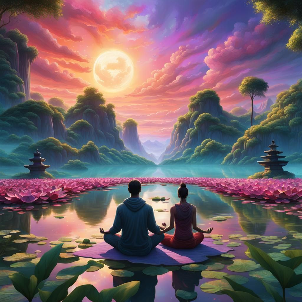 Meditating Couple in Lush Nature Scene
