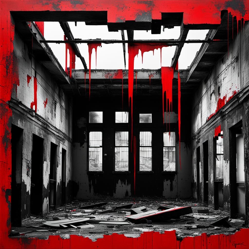Sinister Abandoned Building: Red and Black Abstract