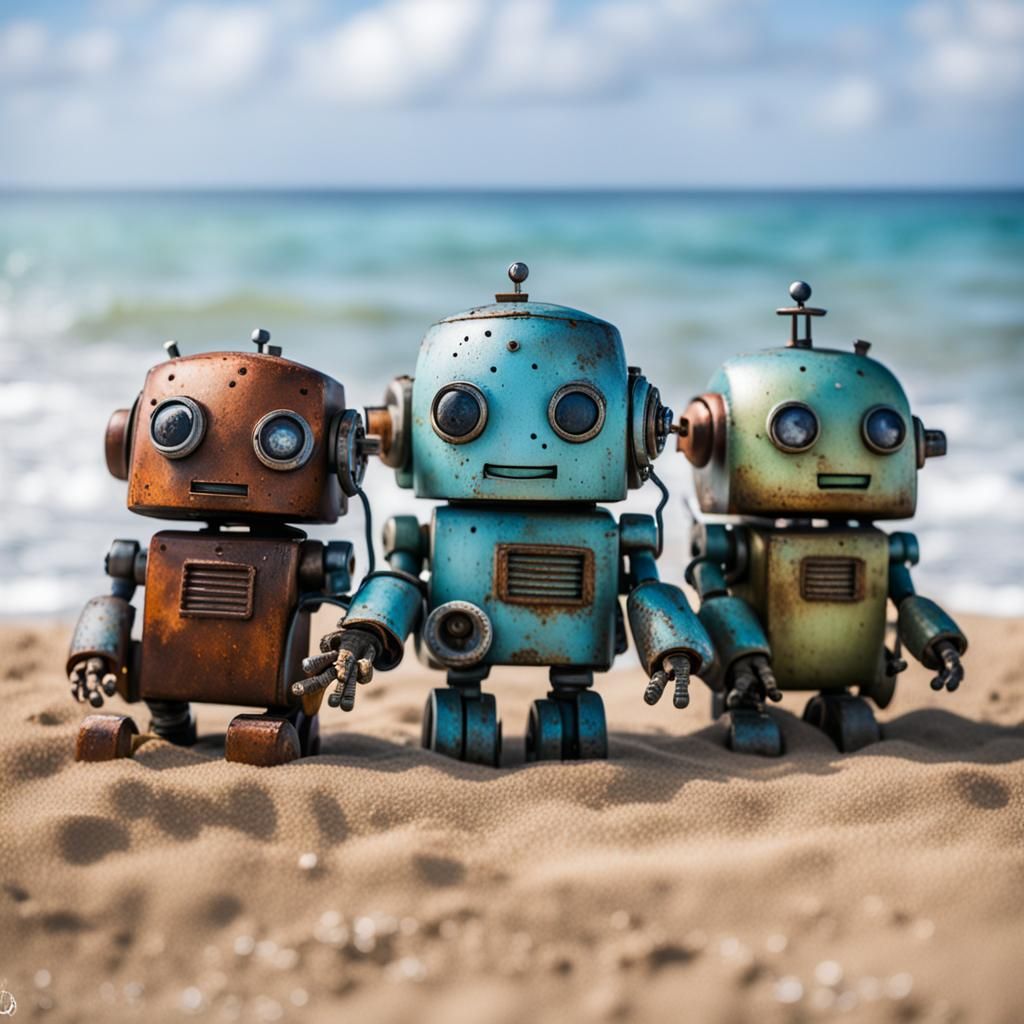 Rusty robots enjoying a beach holiday.