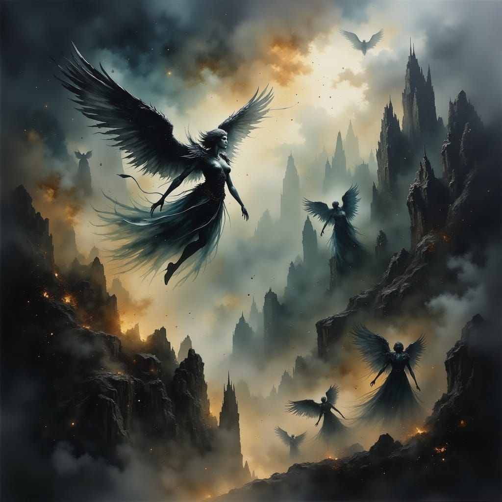 Surreal Dark Angels Falling from Heaven in a Haunting Master...