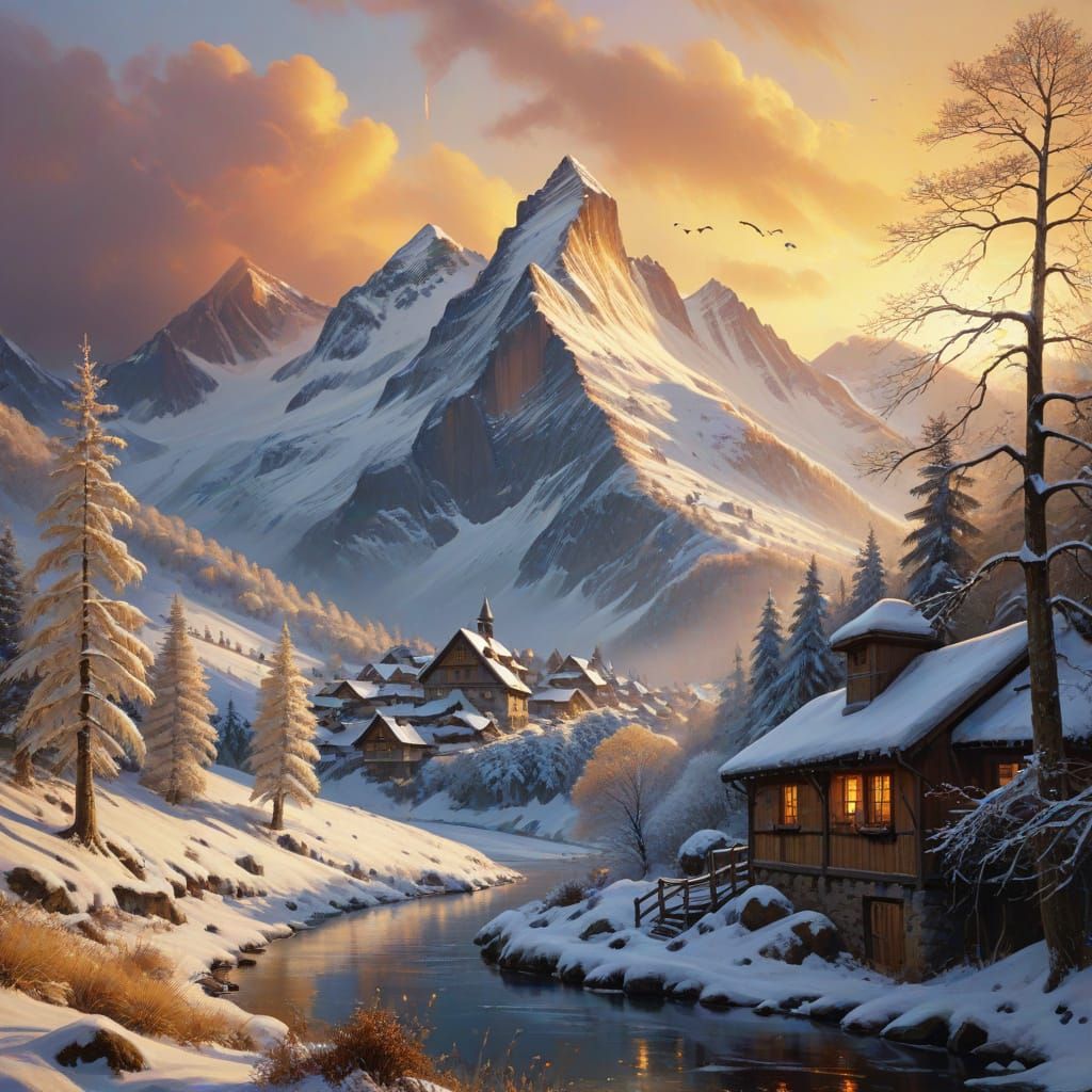 an artist painting a Switzerland wintertime landscape scene ...