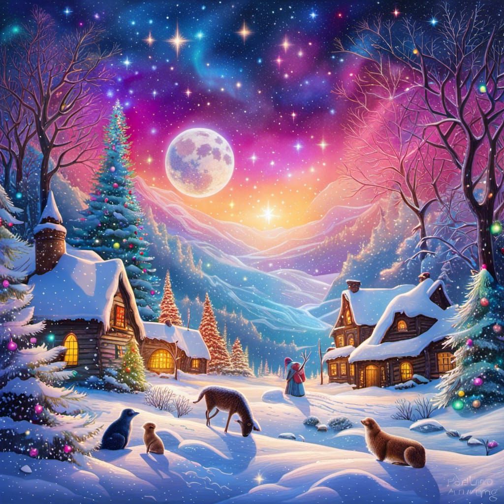 Cosmic Christmas Scene in Snow, Astral Illustration