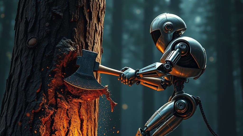 Robot Axeman Felling Tree in Fantasy Masterpiece