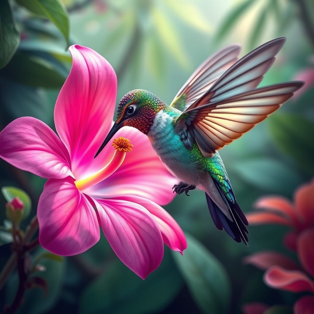 hummingbird sipping nectar from a vibrant, flower