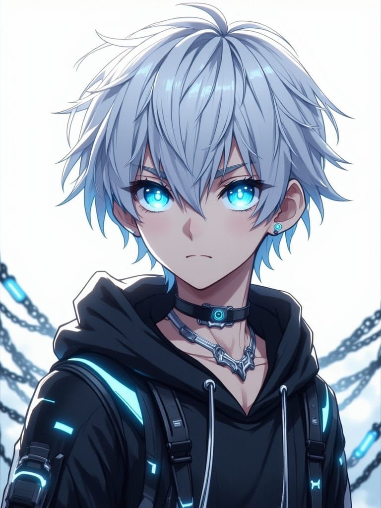 Anime Portrait of a youthful male with short white hair, sky_blue eyes in a Black hoodie with minimal goth_punk style je...