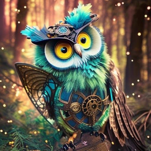 Steampunk Owl Portrait in Fantasy Greek Forest