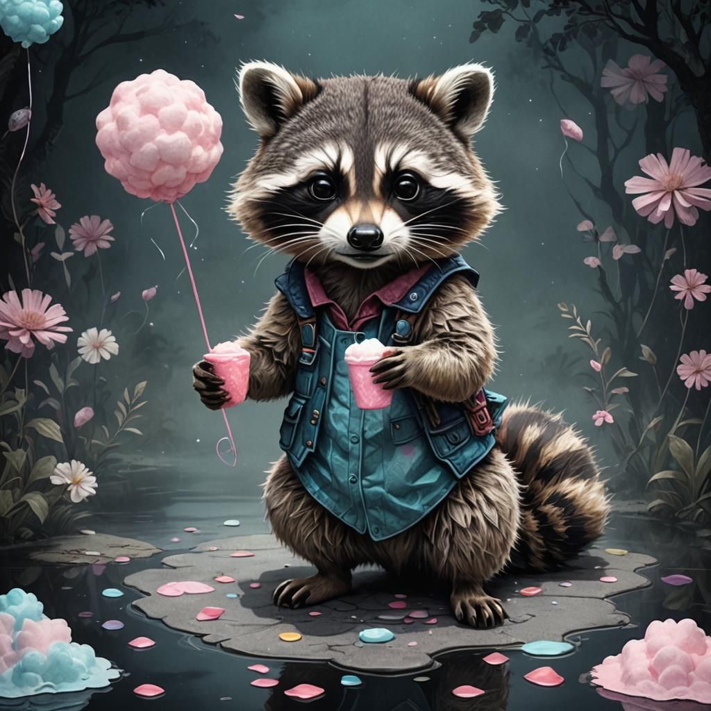 Raccoon with Cotton Candy: Dark Fantasy Digital Art