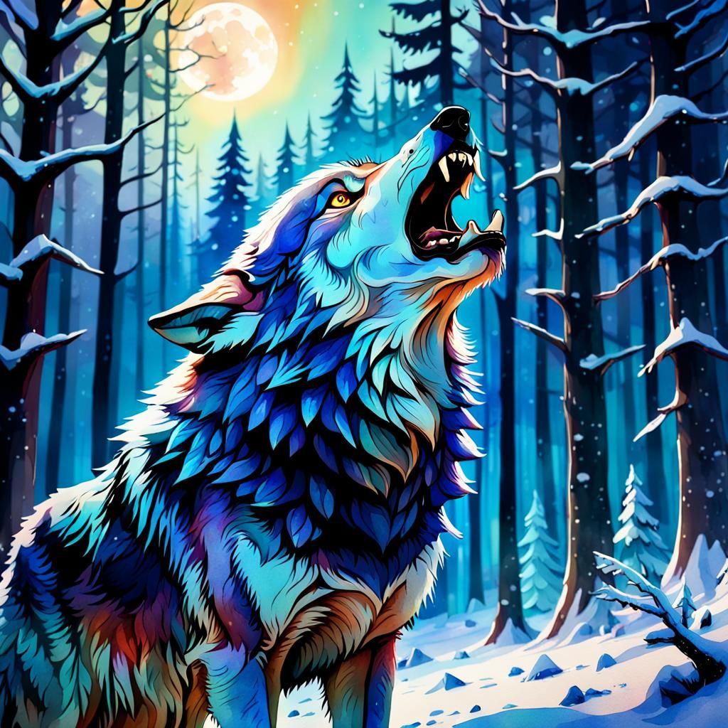 Howling Wolf in Winter Forest Watercolor