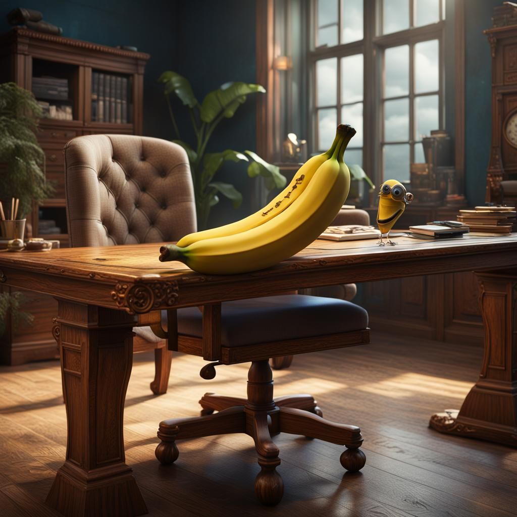 Banana Character at Desk: Detailed Matte Painting