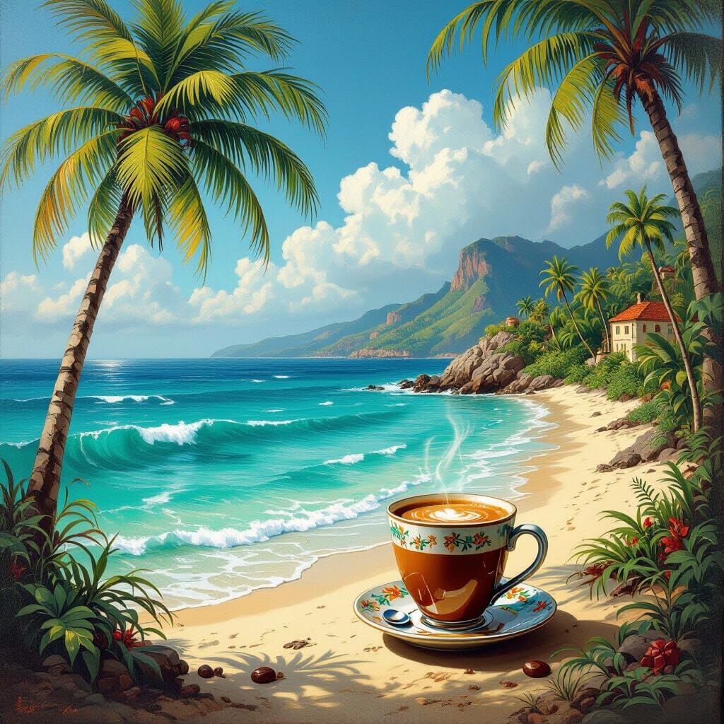 Tropical Island Coffee: Flemish Baroque Oil Painting