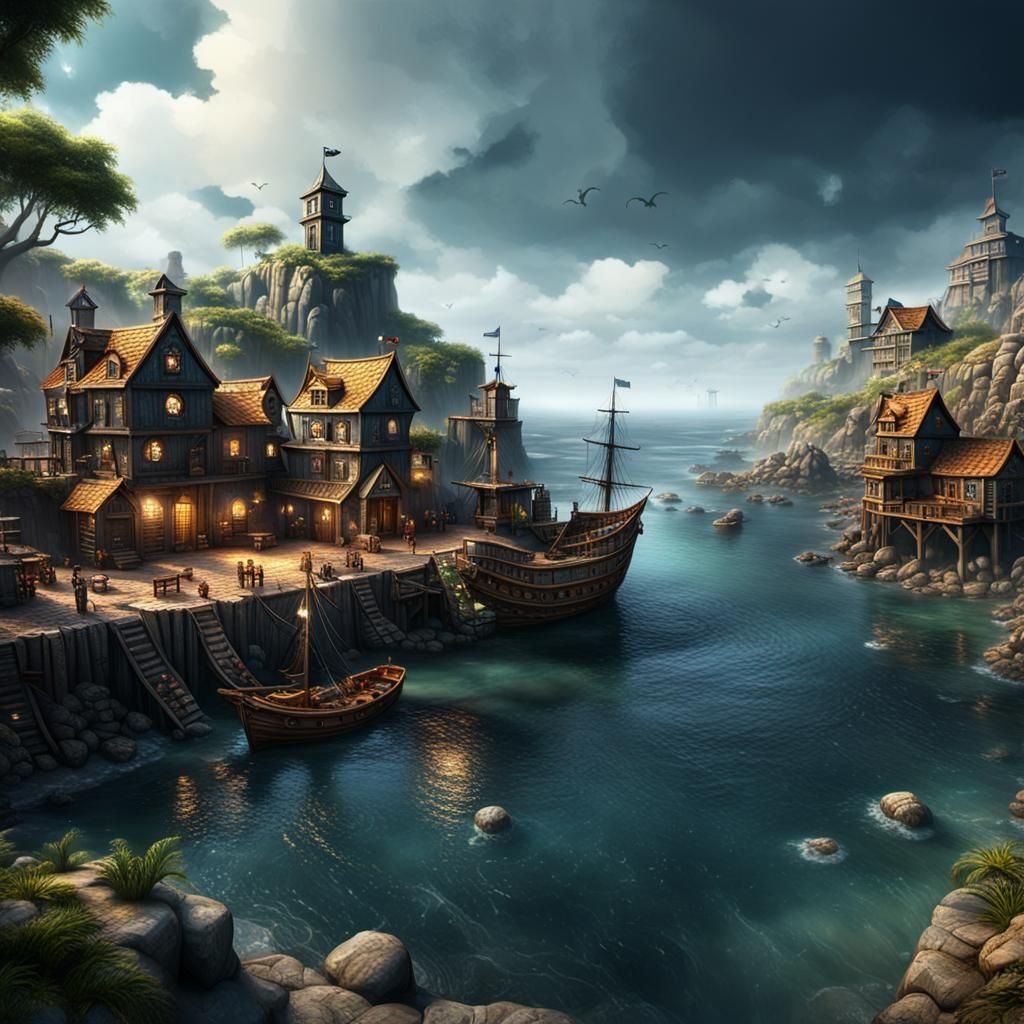 Pirate's Cove Seaside View in Detailed Matte Painting