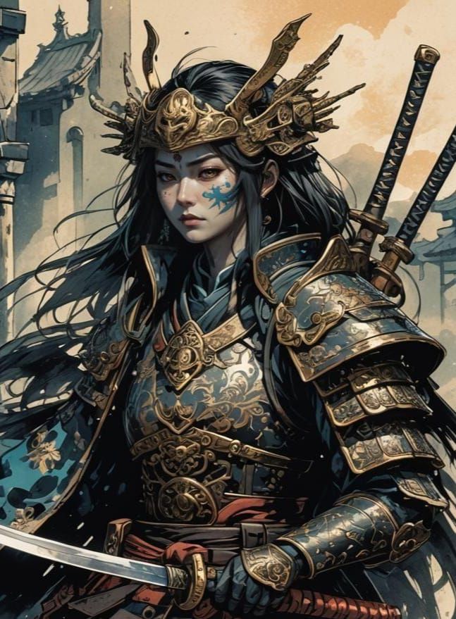 Beautiful Cartoon Samurai with Katana in Anime Style