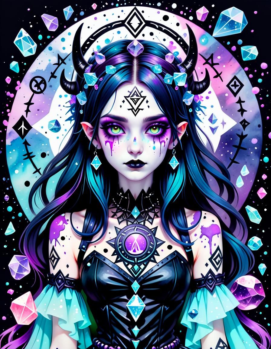 Goddess Surrounded by Crystals in Pastel Goth Style