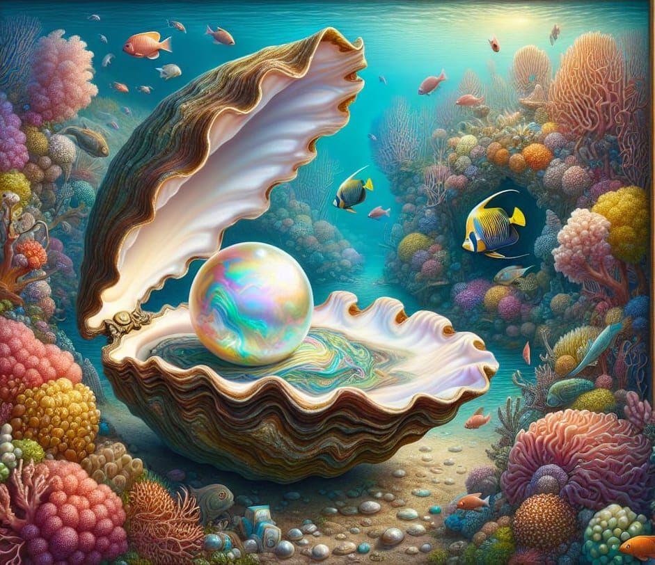 Radiant Pearl in Oyster, Underwater Scene