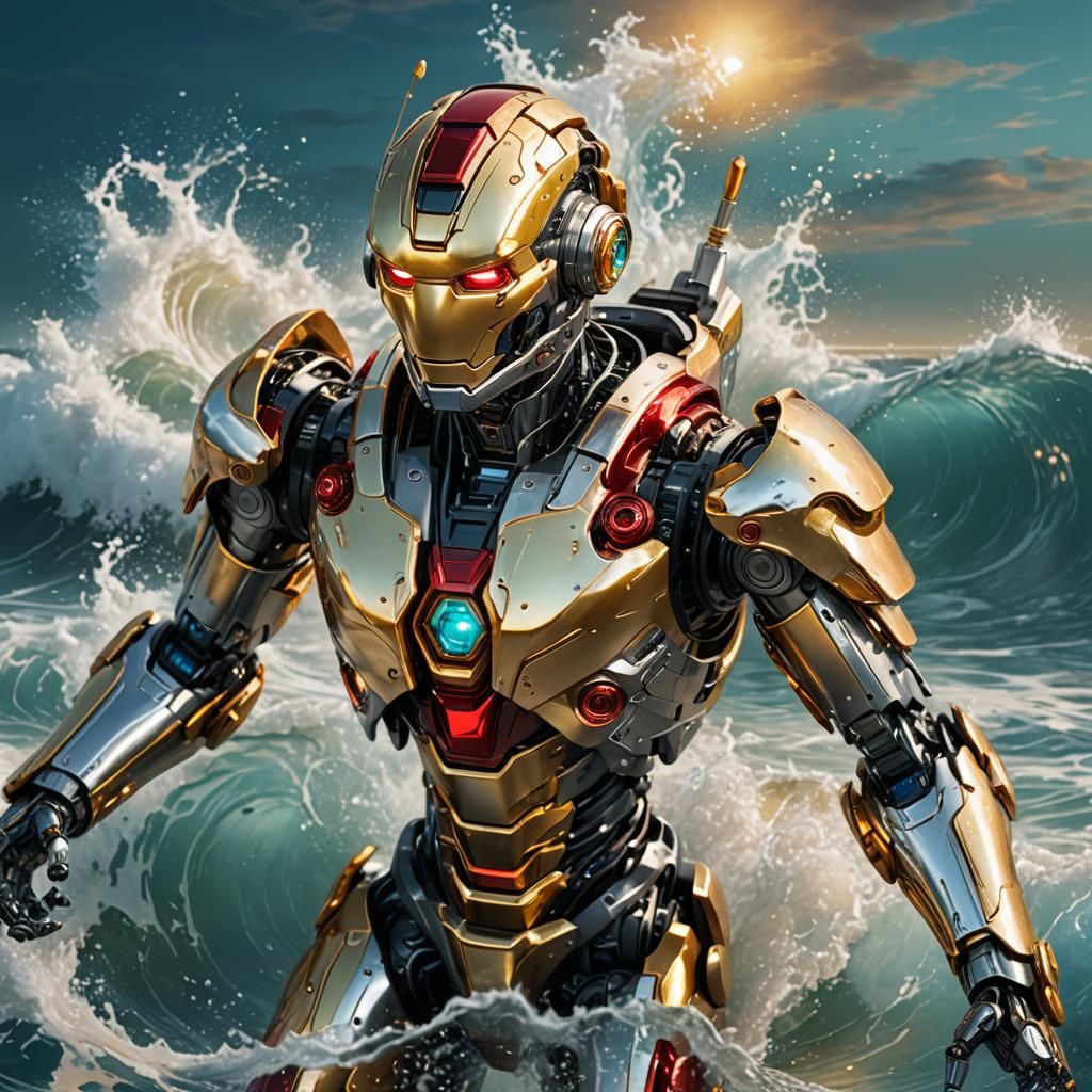 Humanoid Robot Floating over Ocean in Metallic Colors