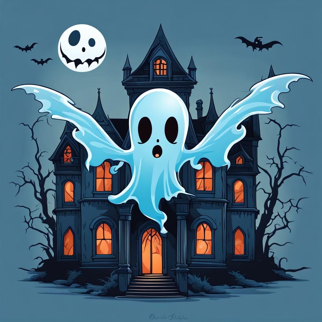 Cute Blue Ghost in Haunted Gothic Manor