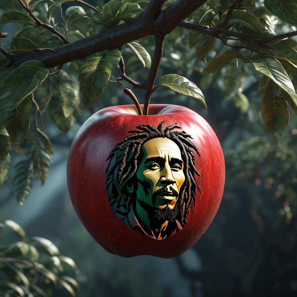 Bob Marley as a Sci-Fi Red Apple in Hyperrealistic 3D