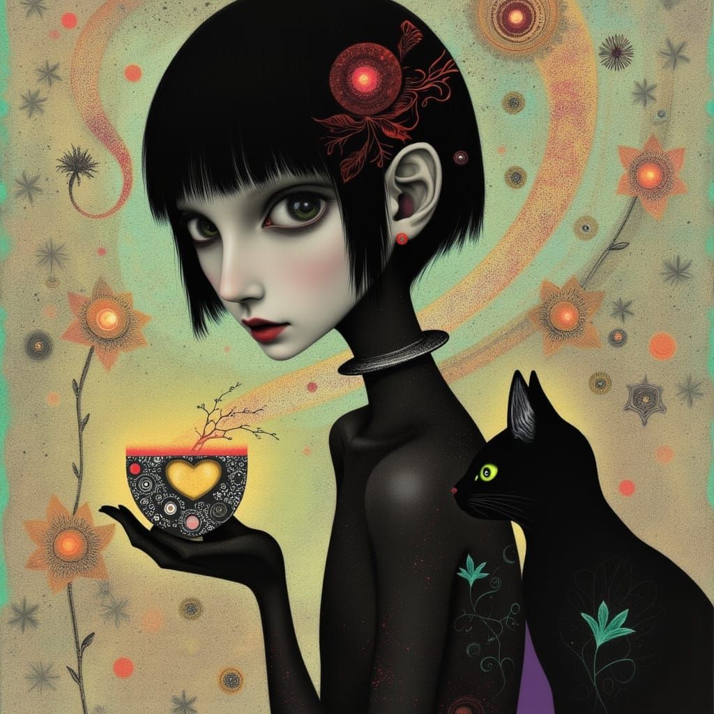 Mysterious Woman Holds Glowing Potion with Cat