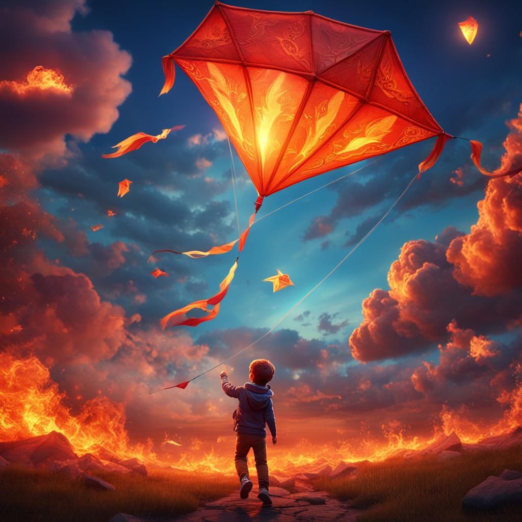 Child Flying Kite in Fiery Sky: Fantasy Concept Art