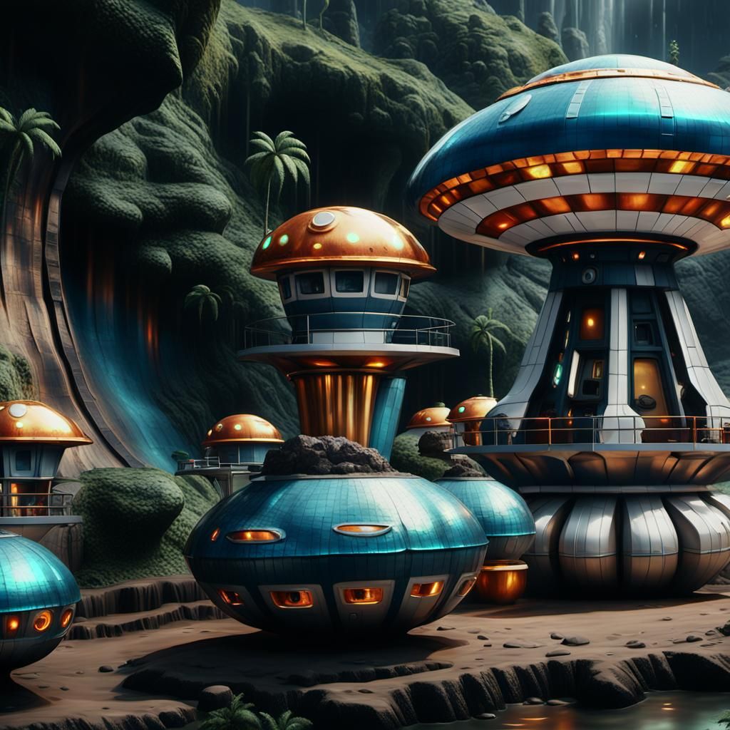 UFO Lands on Rocky Cliffside at Sunset