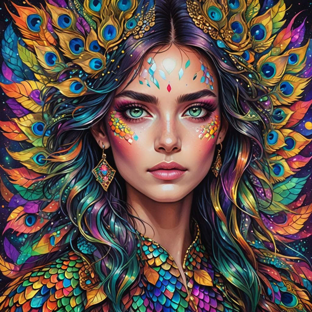 Rainbow Dragon Woman: Holographic Mixed Media Portrait