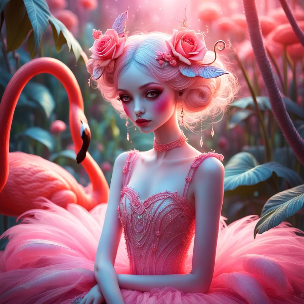Fairy on Flamingo in Tropical Oasis, Ethereal Art