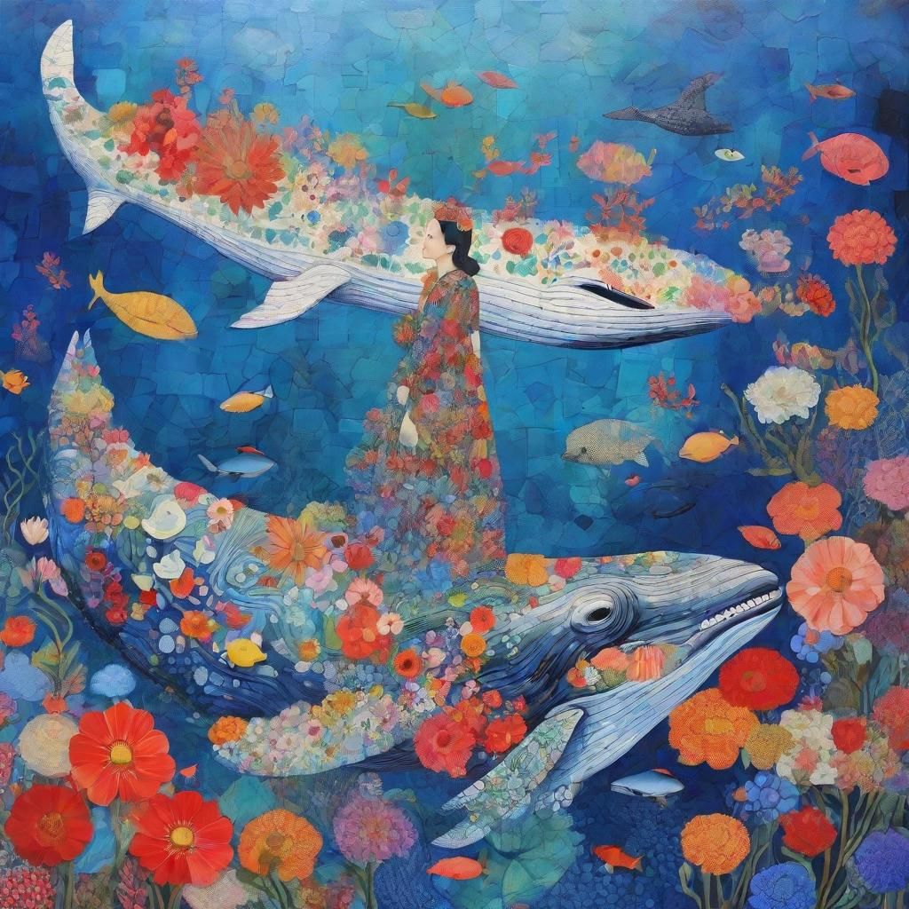Surreal Whale Collage with Flowers and Corals