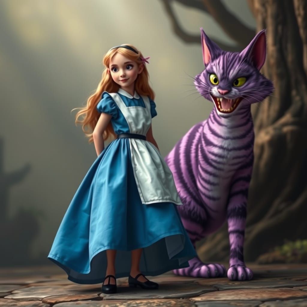 Alice and Cheshire Cat in Photorealistic Style