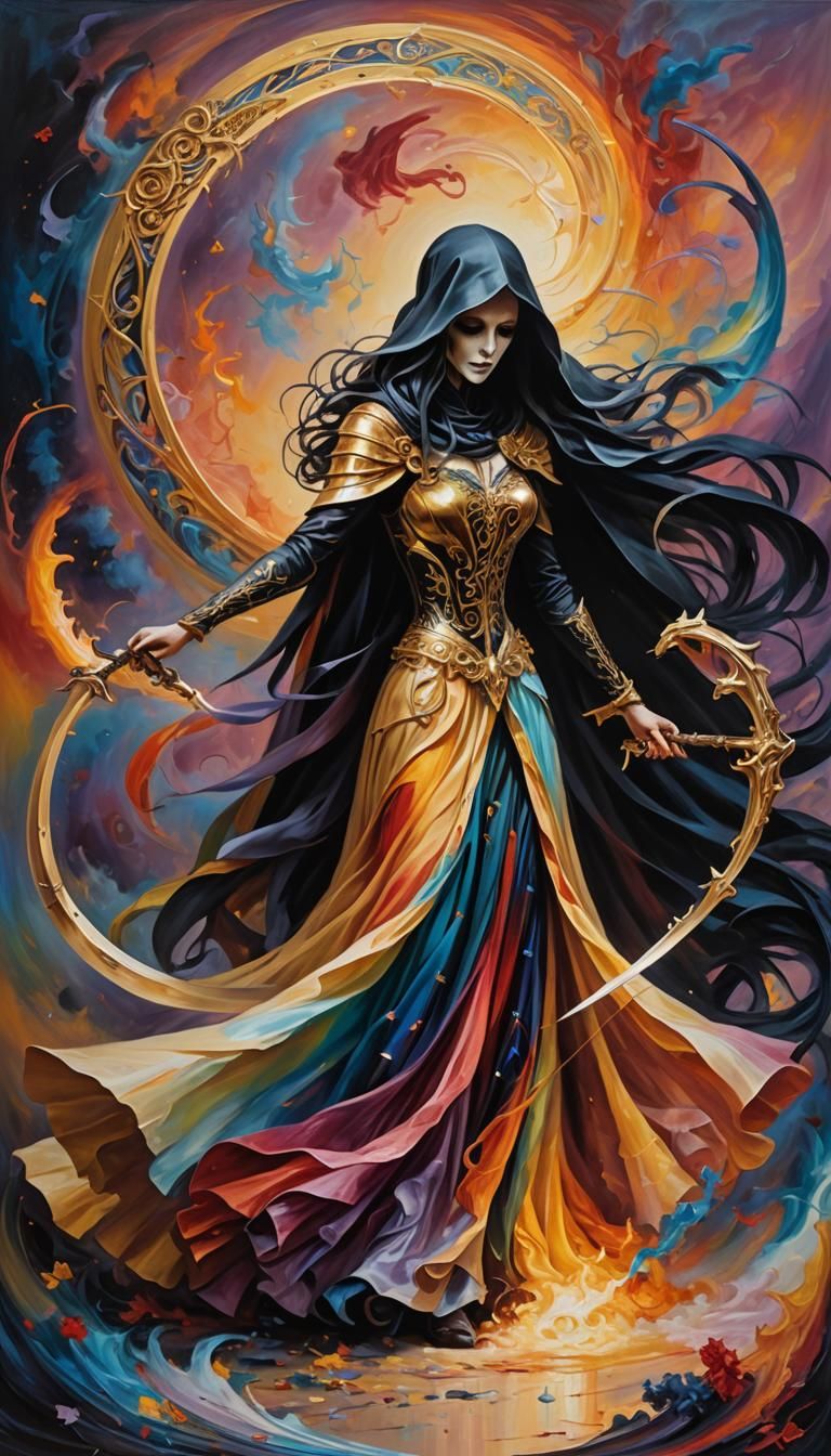 Death and Fate's Mystical Dance: A Surrealist Oil Painting