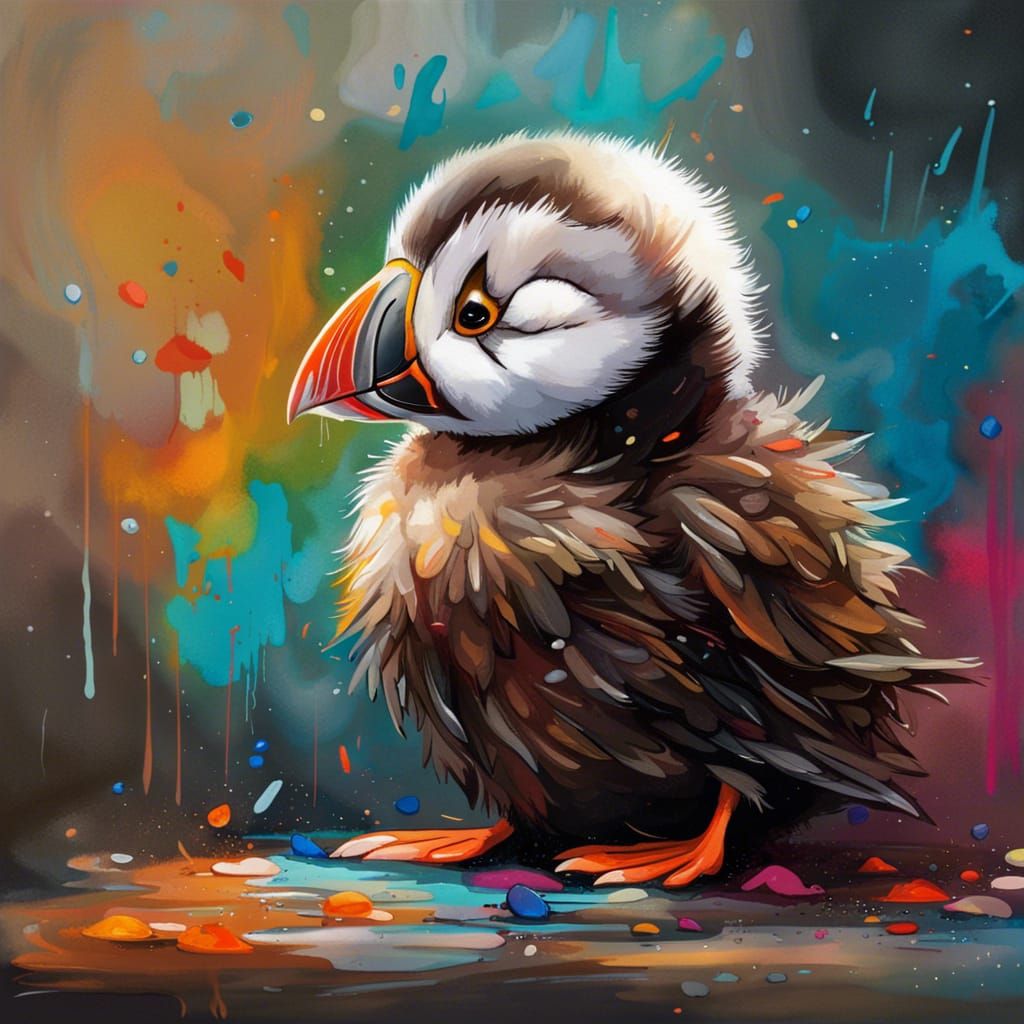 Adorable Baby Puffin Bird in Splash Art Style