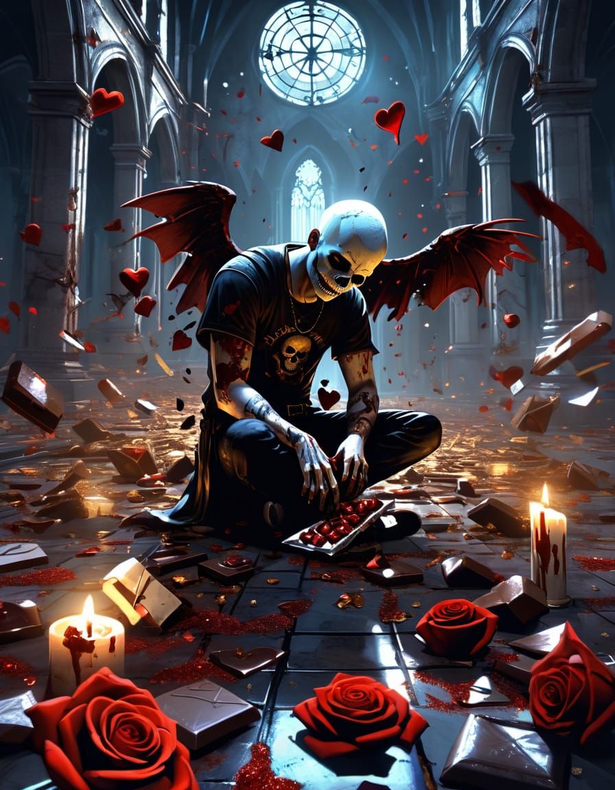 Surreal Cupid Crushes Chocolates Amidst Broken Hearts