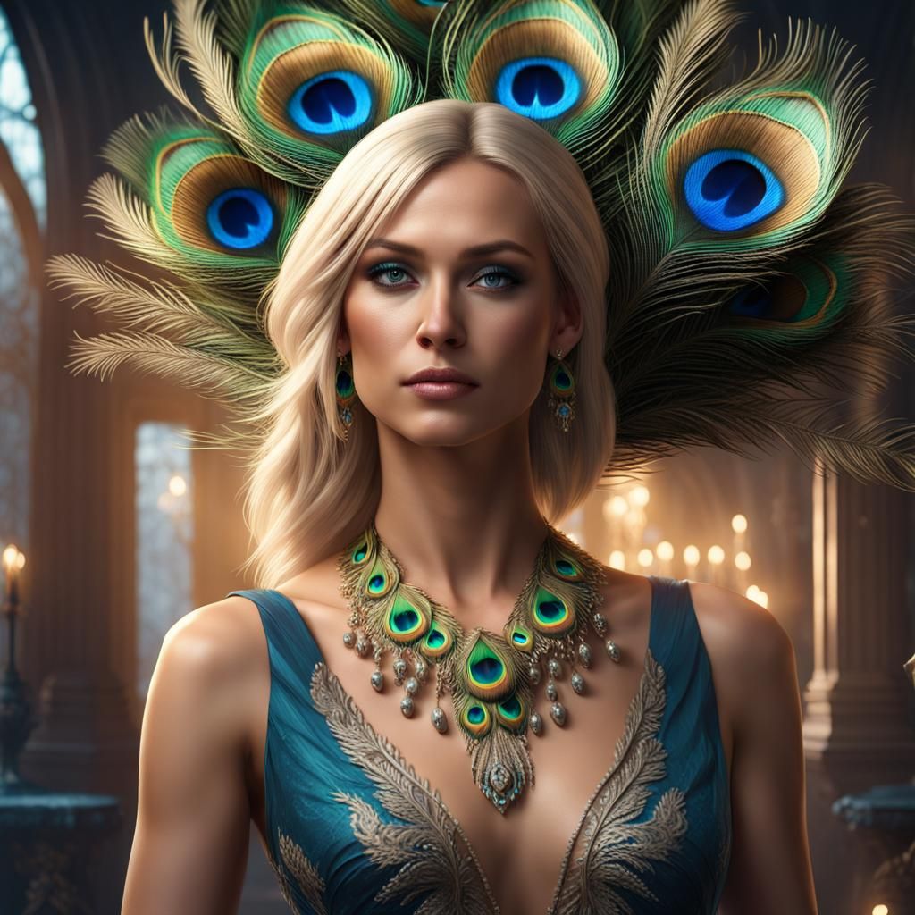 Peacock Adorned Woman: Hyperrealistic Matte Painting