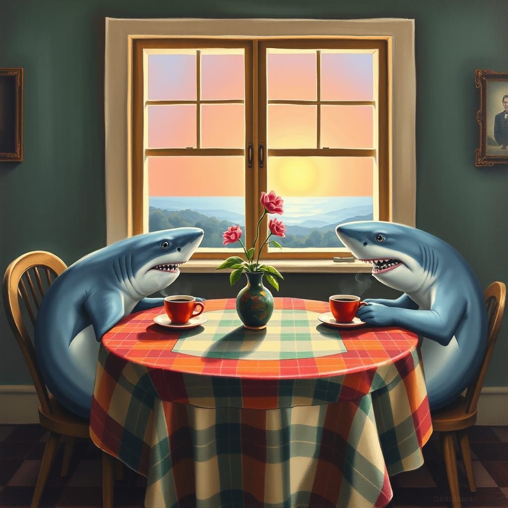 Whimsical Sharks Enjoy Coffee at Sunrise in a Plaid-Clad Stu...