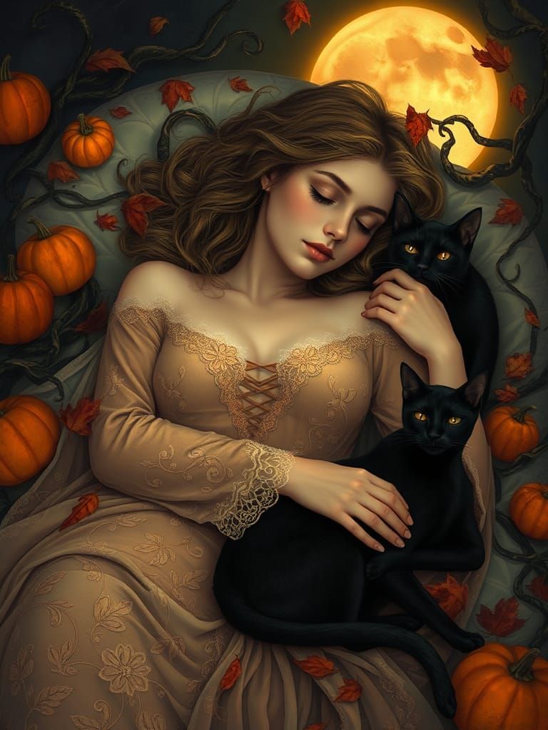 Art Nouveau Woman in Halloween Dreamscape