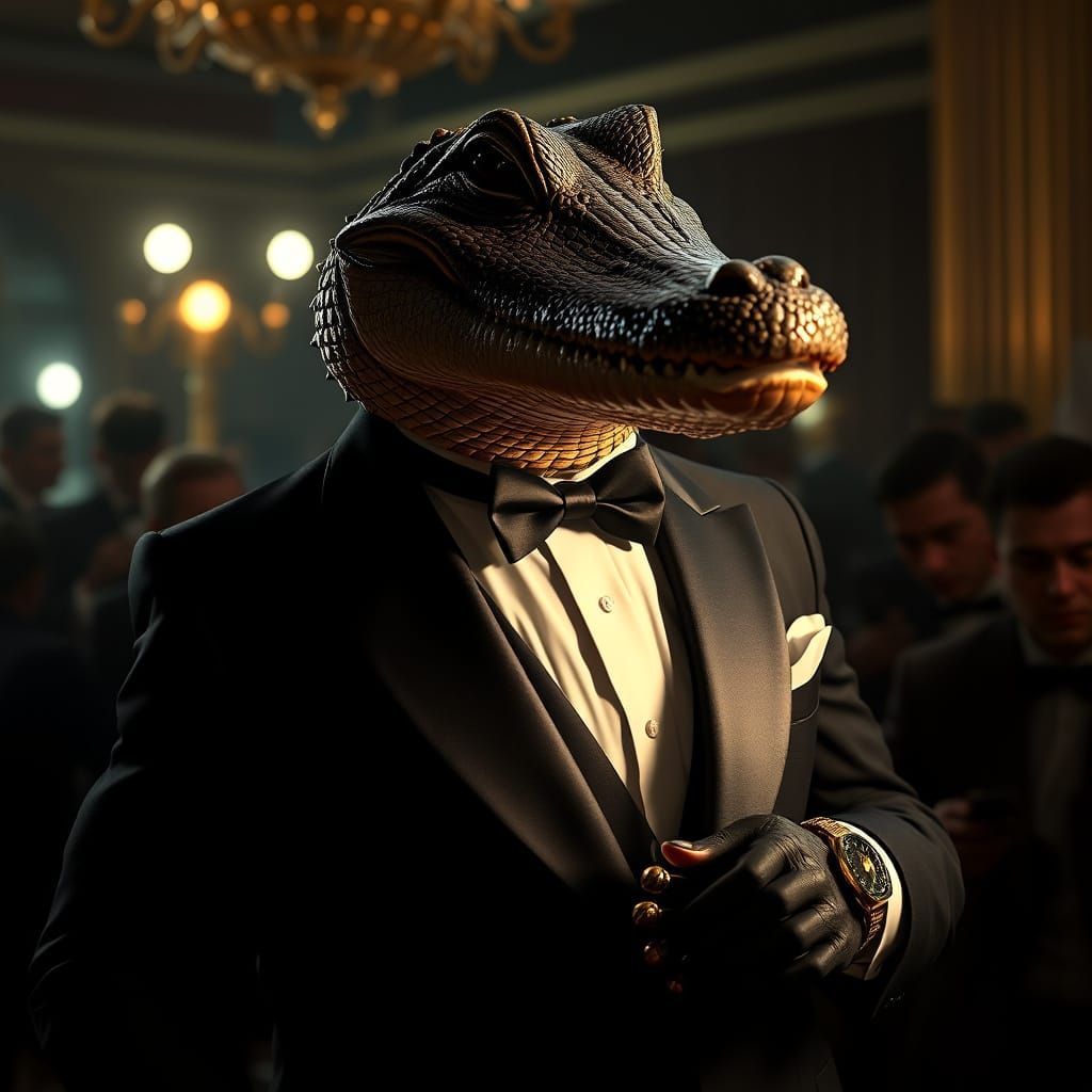 Suave Alligator in Tuxedo Under Glamorous Lighting