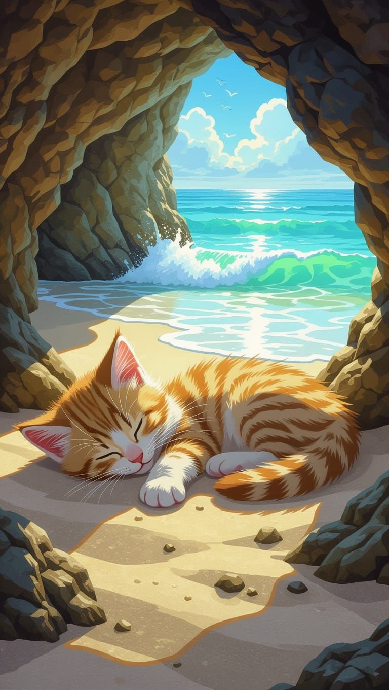 Cute Kitten Sleeping Peacefully in Sea Cave