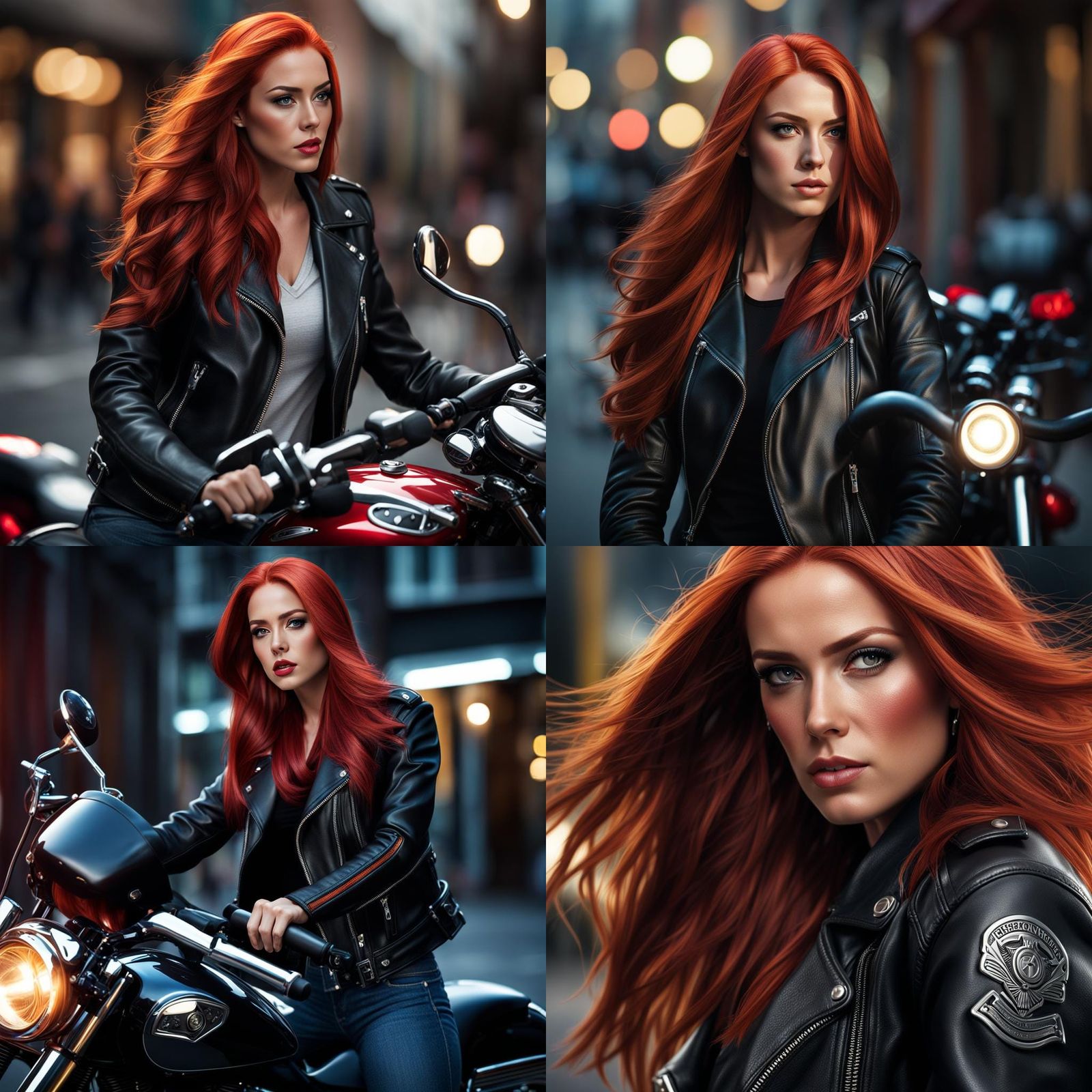 Hyperrealistic Biker Woman with Red Hair