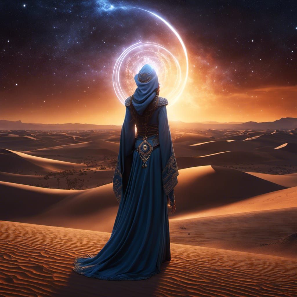 Ancient Sorceress Casting Spell in Starry Desert