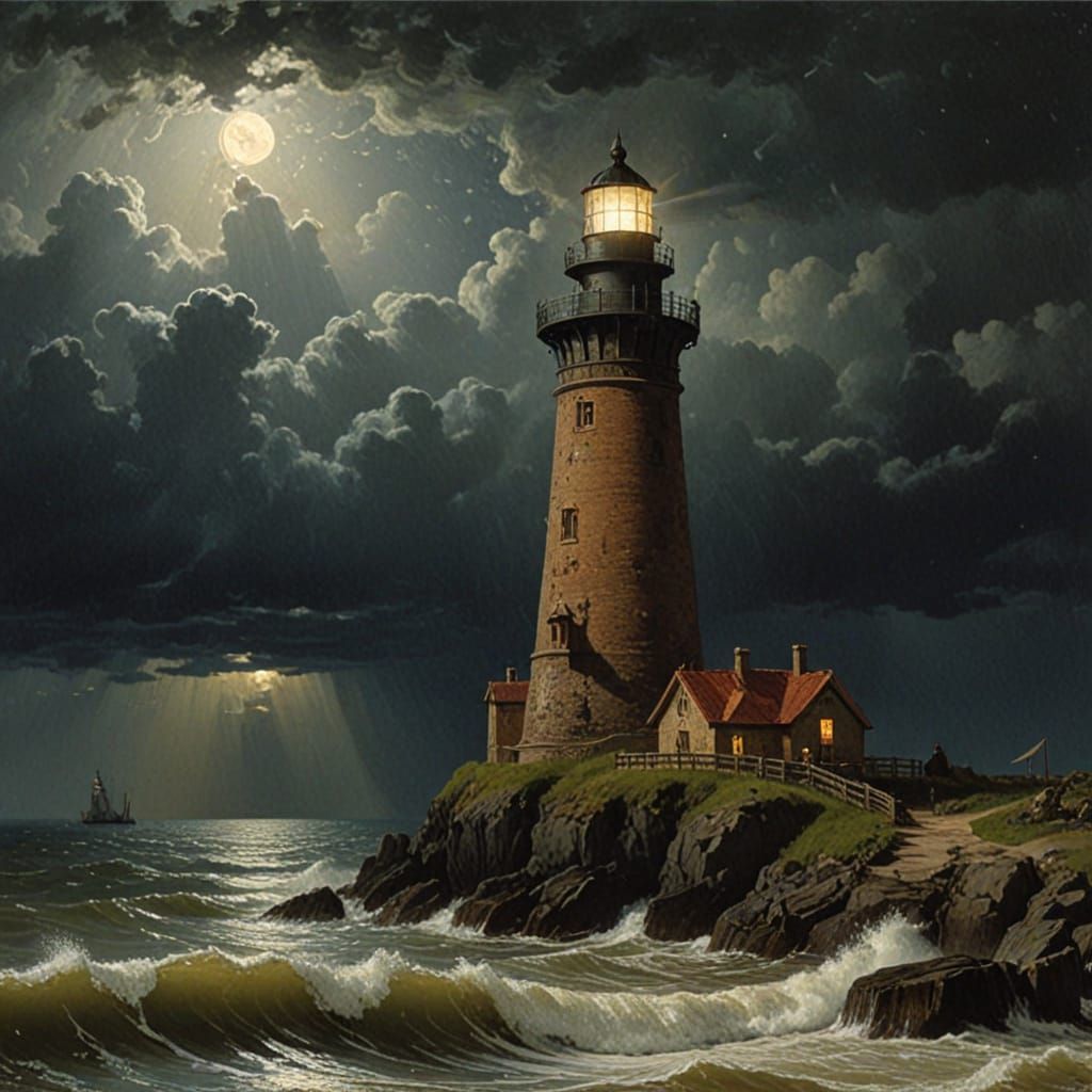 Rabbit Lighthouse in Storm, Classical Painting Style