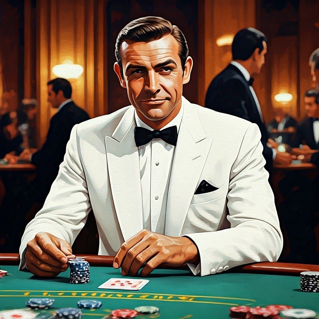 Confident Young Man at Casino Blackjack Table as Oil Paintin...