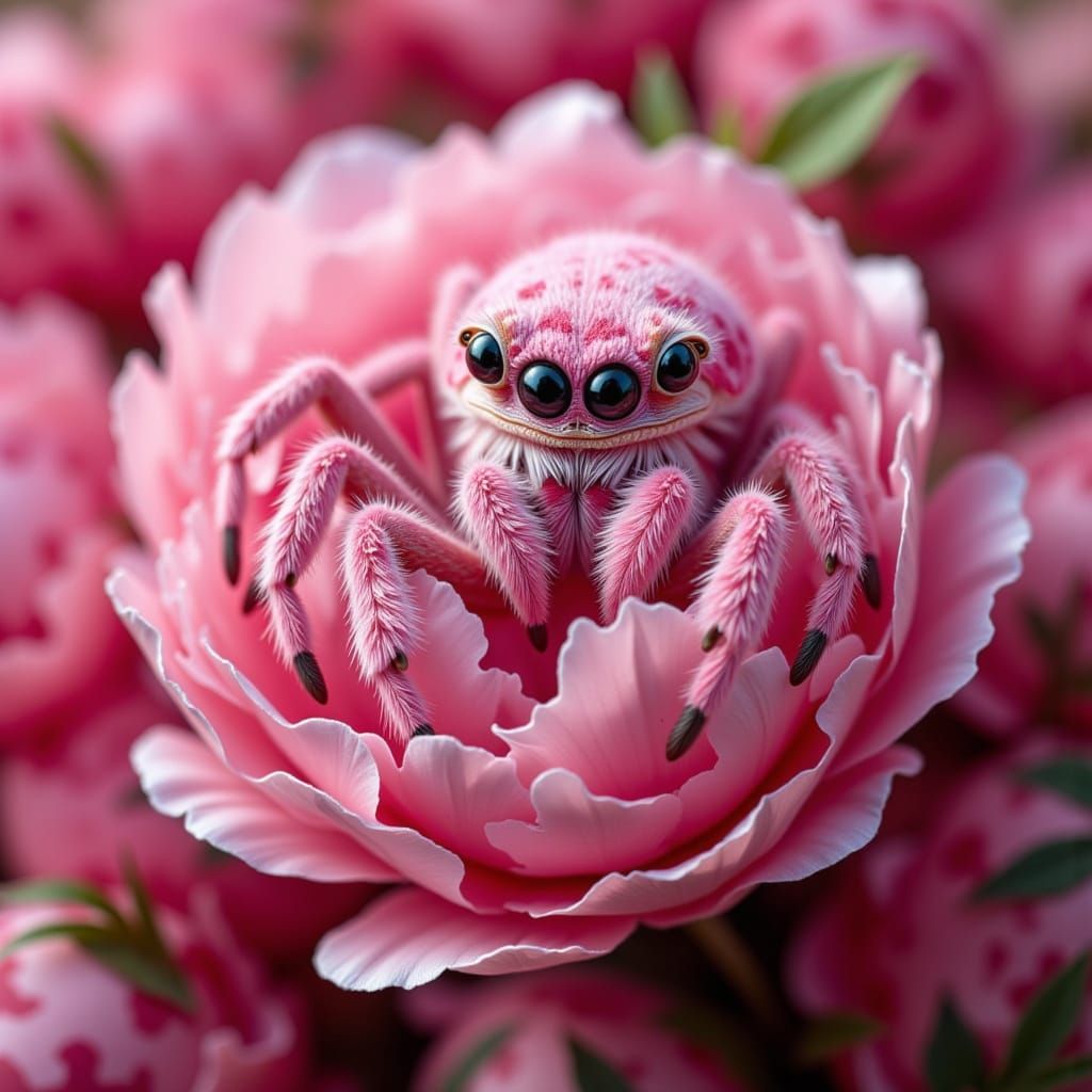 A tremendously fluffy spider in pink camouflage, nestled cozily in a peonie <lora:Pink Camouflage:1.0>